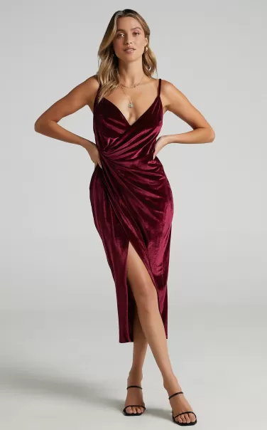 Dresses Loving Blind Midi Dress - Draped Thigh Split Dress In Wine Velvet Showpo Women