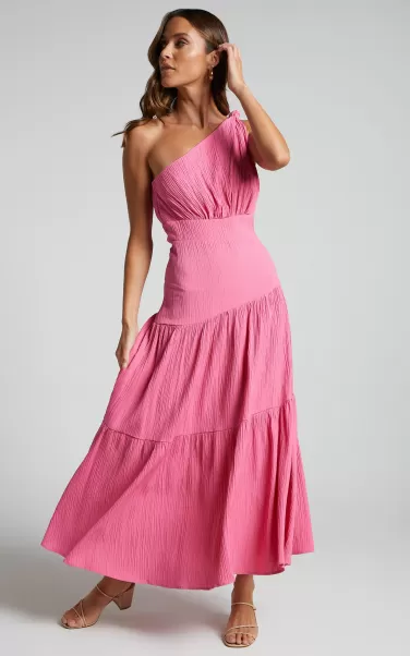 Dresses Women Showpo Celestia Midi Dress - Tiered One Shoulder Dress In Bright Pink