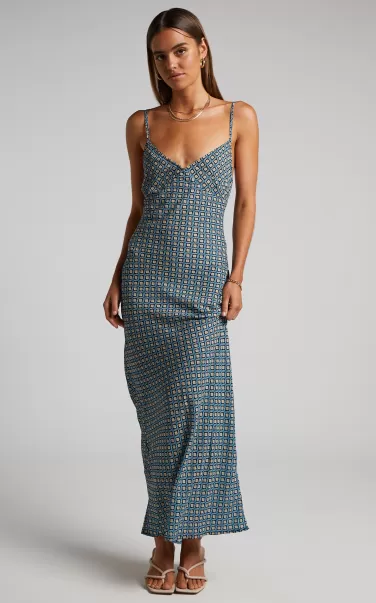 Brunita Midi Dress - V Neck Low Scoop Back Slip Dress In Tile Geo Showpo Dresses Women