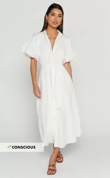 Sabrina Midi Dress - Linen Look Raglan Sleeve Belted Dress In White Dresses Women Showpo