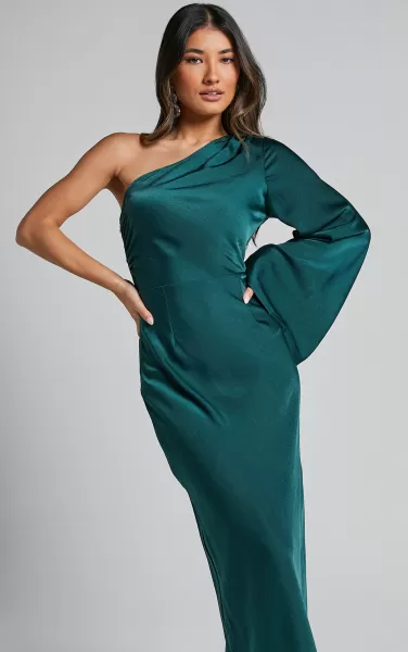 Women Showpo Angieta Maxi Dress - One Shoulder Long Sleeve Slip Dress In Emerald Green Dresses