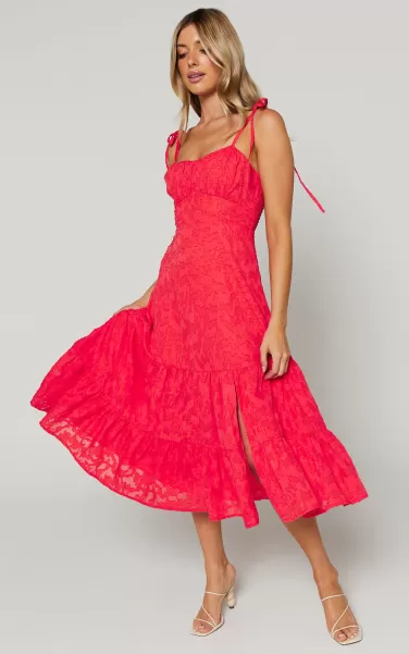 Dresses Jovena Midi Dress - Gathered Bodice Tiered Dress In Coral Showpo Women
