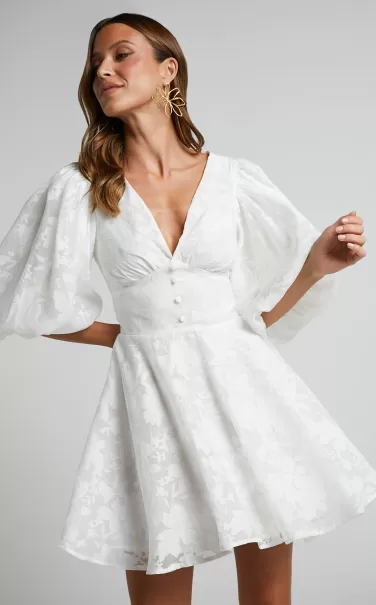 Showpo Jammae Mini Dress - Puff Sleeve Dress In White Women Dresses