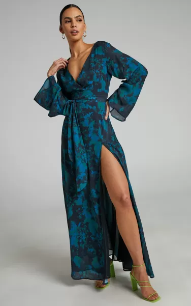 Dresses Mirski Midi Dress - Tie Waist Flared Sleeve Dress In Jewel Blur Showpo Women