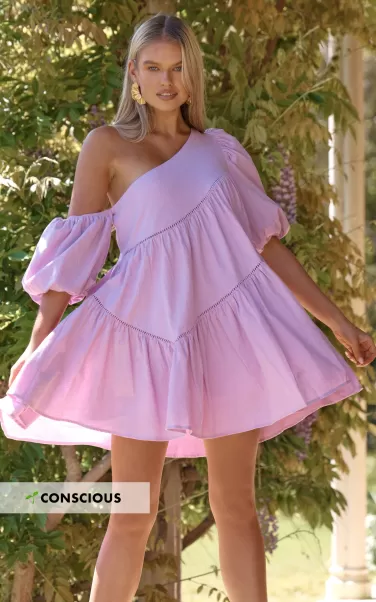 Showpo Dresses Harleen Mini Dress - Linen Look Asymmetrical Trim Puff Sleeve Dress In Lavender Women