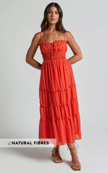 Schiffer Midi Dress - Strappy Ruched Tie Front Tiered Dress In Red Orange Showpo Women Dresses