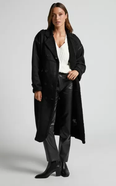 Showpo Women Yelena Coat - Vegan Suede Long Line Coat In Black Jackets & Coats