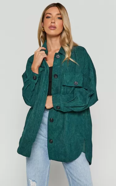 Jackets & Coats Women Maleah Shacket - Oversized Button Up Cord Shacket In Forest Green Showpo