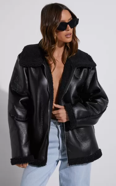 Women Rheina Jacket - Borg Faux Leather Jacket In Black Showpo Jackets & Coats