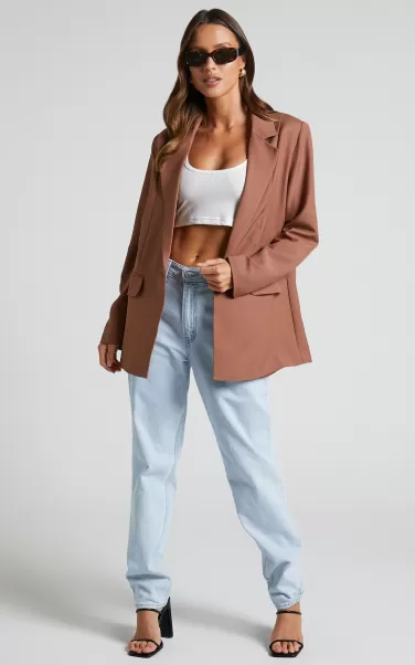 Alba Blazer - Longline Single Breasted Blazer In Chocolate Women Jackets & Coats Showpo