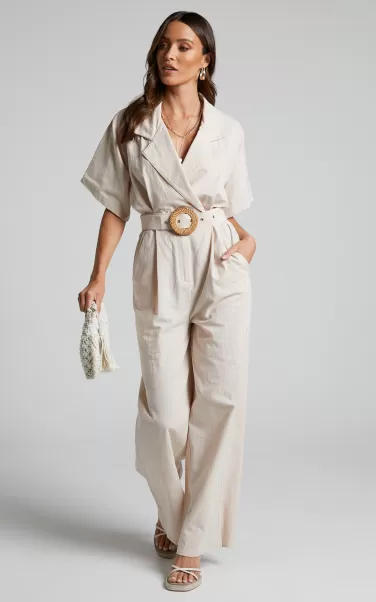 Women Jumpsuits Paco Jumpsuit - Short Sleeve Collared Belted Wide Leg Jumpsuit In Biscuit Showpo