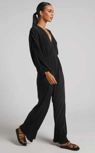 Women Jumpsuits Showpo Amarante Jumpsuit - Plisse V Neck Long Sleeve Jumpsuit In Black