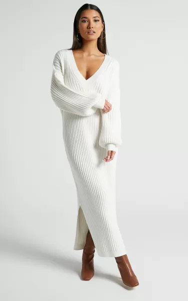 Knitwear Women Kartia Midi Dress - V Neck Knit Dress In Off White Showpo