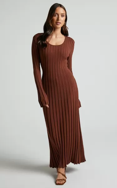 Women Showpo Blaire Midi Dress - Long Sleeve Tie Back Flare Dress In Chocolate Knitwear
