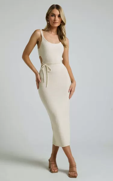 Women Chilie Midi Dress - Scoop Neck Cut Out Detail Sleeveless Bodycon Knit In Natural Knitwear Showpo