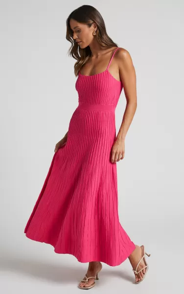 Showpo Knitwear Donissa Midi Dress - Panelled Knit Dress In Hot Pink Women