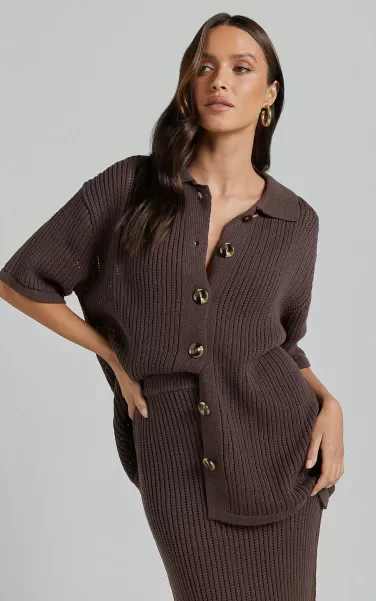 Women Knitwear Severina Two Piece Set - Button Through Top And Midi Knit Skirt Set In Chocolate Showpo