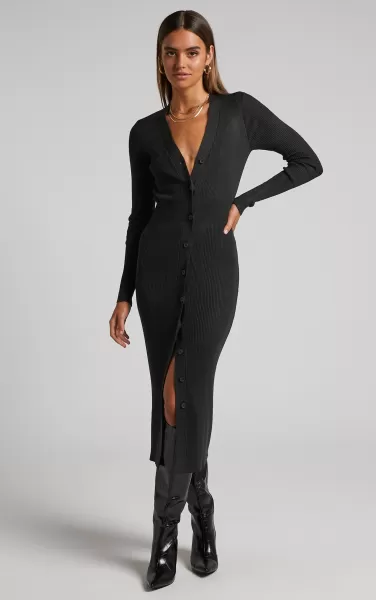 Leahanna Midi Dress - Button Front Knit Dress In Black Women Knitwear Showpo