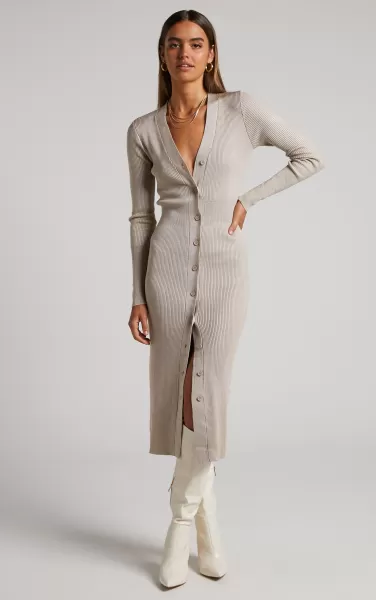 Showpo Women Leahanna Midi Dress - Button Front Knit Dress In Taupe Knitwear
