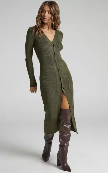 Knitwear Women Leahanna Midi Dress - Button Front Knit Dress In Olive Showpo