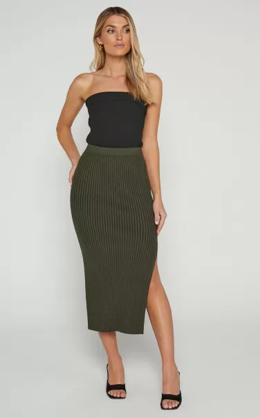 Showpo Andalucia Midi Skirt - Ribbed Side Split Skirt In Dark Olive Women Knitwear