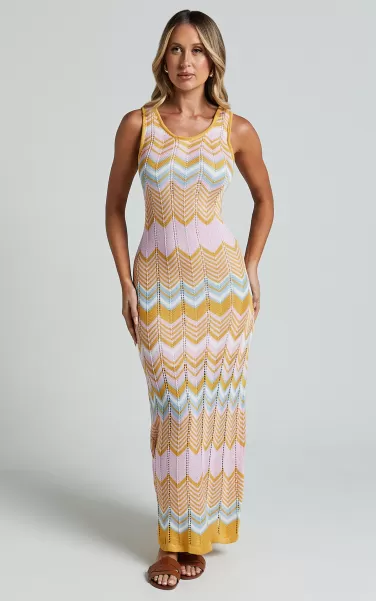 Showpo Knitwear Shankie Midi Dress - Scoop Neck Sleeveless Bodycon Dress In Pink And Gold Women