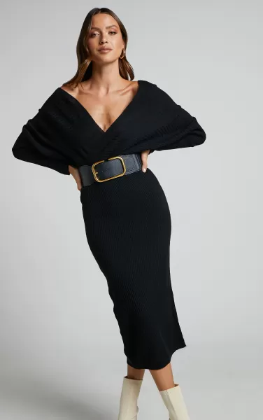 Sheika Midi Dress - Long Sleeve Off Shoulder Knit Dress In Black Knitwear Women Showpo