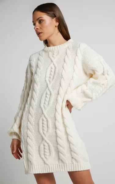 Deliah Mini Dress - Cable Knit Sweater Dress In Cream Knitwear Women Showpo