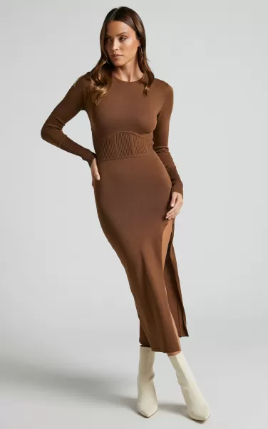 Myrline Midi Dress - Long Sleeve Knit Dress In Chocolate Showpo Knitwear Women