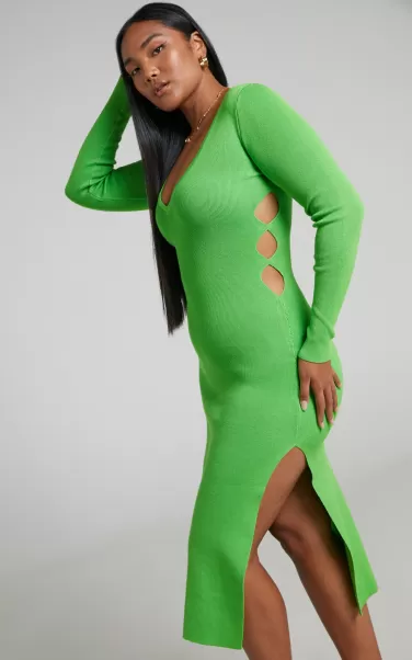 Knitwear Showpo Clymene Midi Dress - Side Cut Out Knit Dress In Lime Women