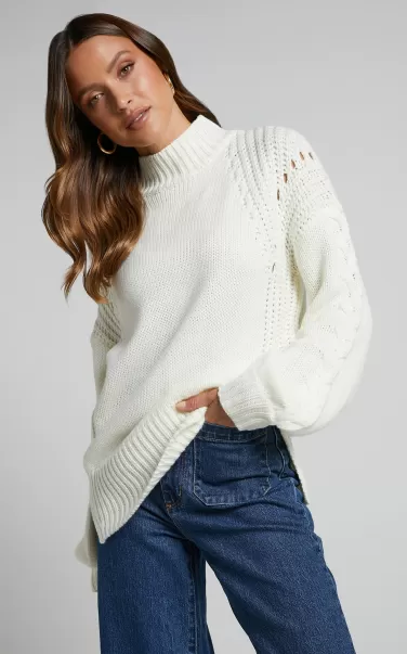 Trizia Jumper - Long Sleeve High Neck Pointelle Knit Jumper In Cream Showpo Knitwear Women