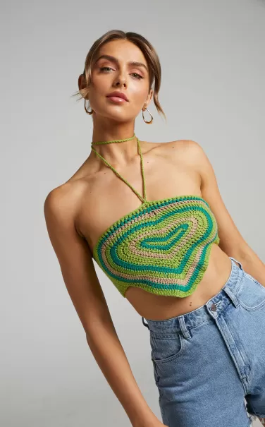 Showpo Margethe Top - Crochet Halterneck Top In Green Multi Knitwear Women