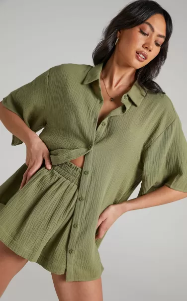 Women Atom Muslin Shirt - Oversized Button Up Shirt In Khaki Showpo Loungewear