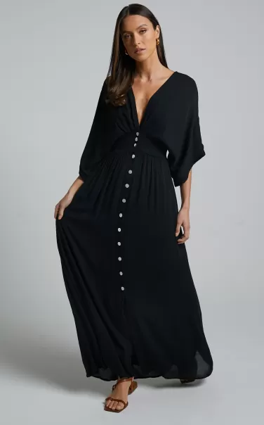 Showpo Maternity Clothes Sitting Pretty Midi Dress - Short Sleeve Button Down Dress In Black Women
