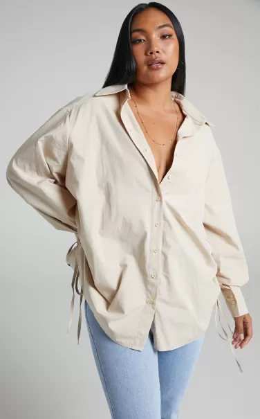 Women Maternity Clothes Showpo Kalpena Shirt - Ruched Side Oversized Shirt In Beige