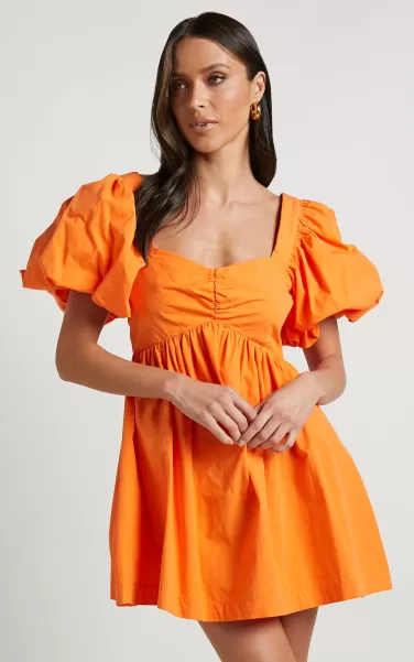 Showpo Vashti Mini Dress - Puff Sleeve Sweetheart Dress In Orange Maternity Clothes Women
