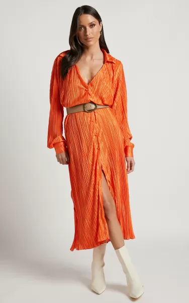 Modest Clothing Showpo Donelli Midi Dress - Plisse Oversized Collared Shirt Dress In Orange Women