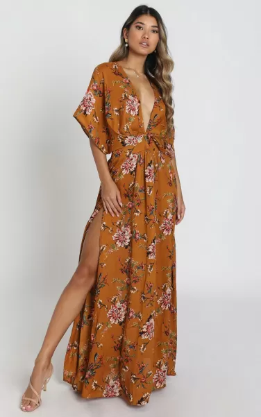 Modest Clothing Showpo Vacay Ready Midi Dress - Plunge Thigh Split Dress In Mustard Floral Women