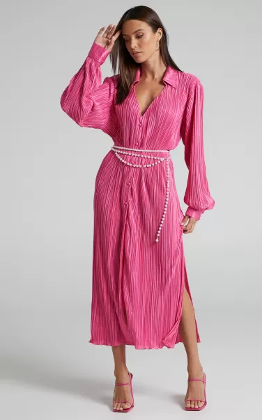 Donelli Midi Dress - Plisse Oversized Collared Shirt Dress In Pink Showpo Women Modest Clothing