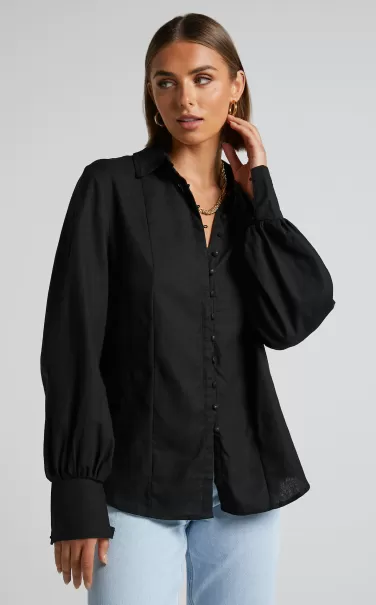 Modest Clothing Women Kiva Blouse - Linen Look Long Sleeve Button Up Blouse In Black Showpo