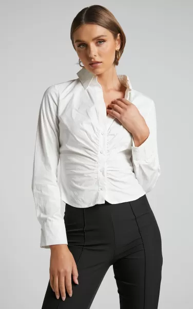 Women Showpo Cleone Shirt - Ruched Front Button Up Shirt In White Modest Clothing