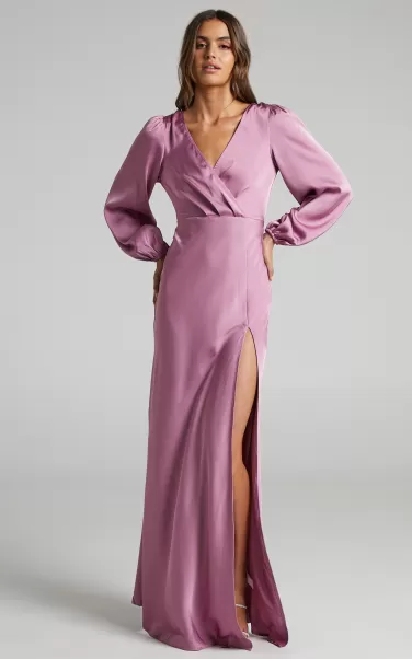 Modest Clothing Women Wellah Maxi Dress - Balloon Sleeve Thigh Split V Neck Satin Dress In Orchid Showpo