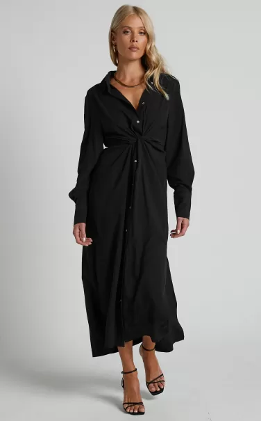 Trinidad Midi Dress - Twist Front Button Through Dress In Black Women Showpo Modest Clothing