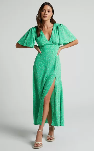 Modest Clothing Women Feliza Midi Dress - Plunge Neck Flutter Sleeve Cut Out Back Dress In Green Floral Showpo
