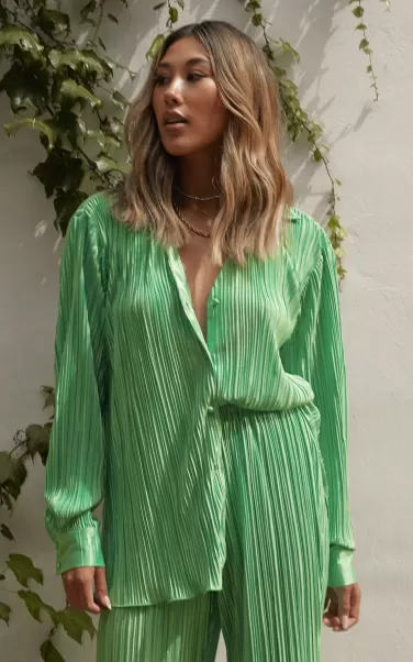Modest Clothing Beca Shirt - Plisse Button Up Shirt In Bright Green Showpo Women