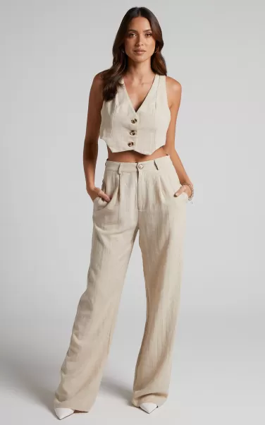 Women Larissa Trousers - Linen Look Mid Waisted Relaxed Straight Leg Trousers In Oatmeal Pants Showpo