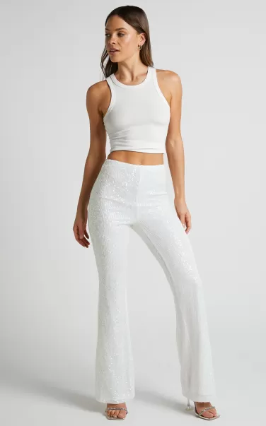 Showpo Deliza Pants - Mid Waisted Sequin Flare Pants In Iridescent White Women Pants