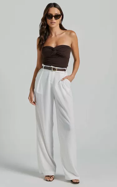 Women Pants Isabeau Beach Trousers - Mid Rise Crinkle Pleat Relaxed Tailored Pants In White Showpo