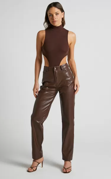 Dilyenne Pant - Mid Waist Straight Leg Faux Leather Pant In Chocolate Showpo Pants Women