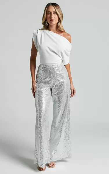 Pants Women Showpo Looma Sequin Pants - High Waisted Super Wide Leg Pants In Silver